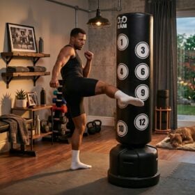 RAM O XL Bokspaal met Scoring Zones - Zwart Man geeft een trap tegen een zwarte RAM O XL bokspaal in een thuisgym