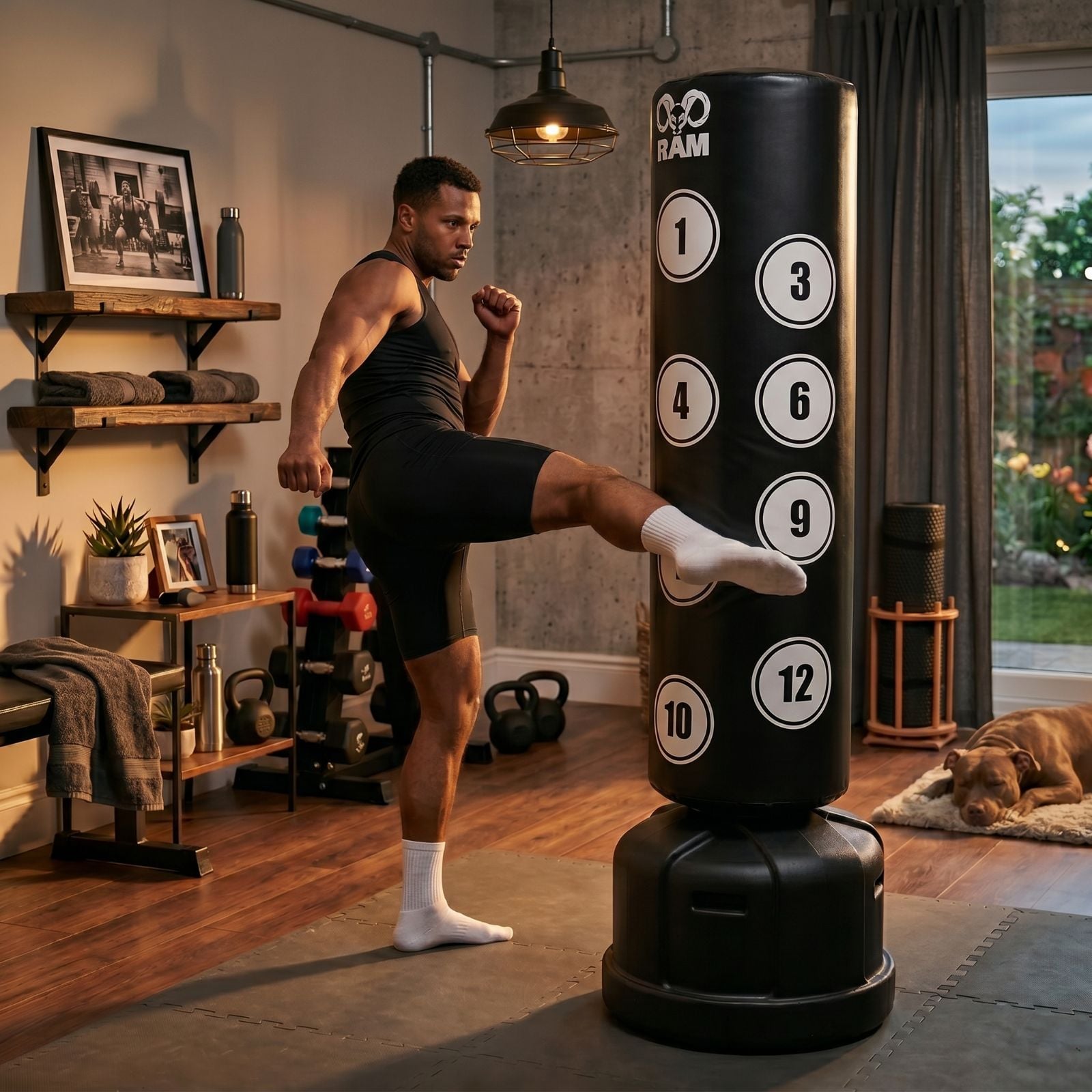 RAM O XL Bokspaal met Scoring Zones - Zwart Man geeft een trap tegen een zwarte RAM O XL bokspaal in een thuisgym