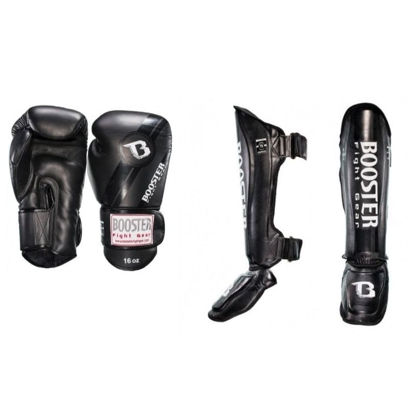 Booster Leren Kickboks Set V3 Zwart Bundel Booster V3 zwarte scheenbeschermers en kickbokshandschoenen