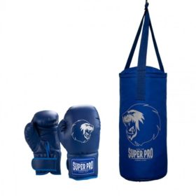 Blauw zilveren bokszakset van Super Pro, een bokszak met (kick)bokshandschoenen.
