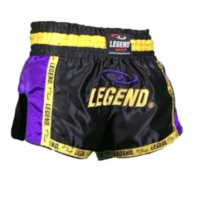 Zwart paars kickboks broekje van Legend sports voor kinderen en volwassenen.