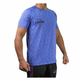 Een blauw dryfit sportshirt van Legend voor kinderen en volwassenen.