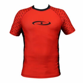 Een rood Legend Sports rashguard / compressieshirt met korte mouwen voor dames en heren.
