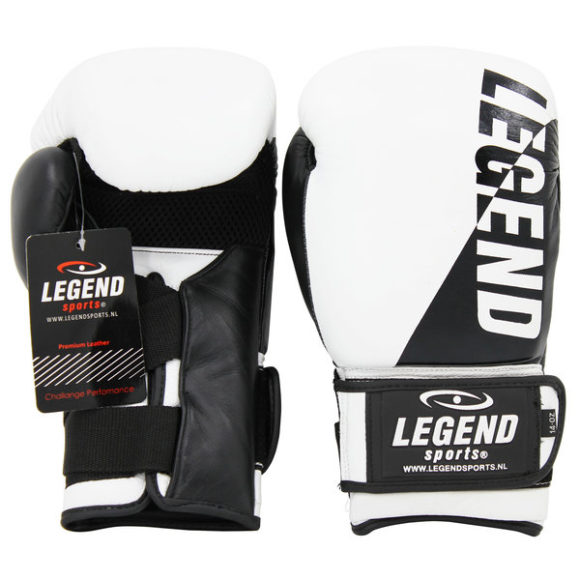 Witte Legend bokshandschoenen van leer, Legend sports wrist lock.
