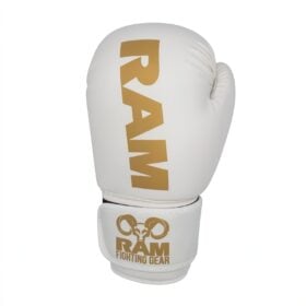 RAM 'No Mercy' Bokshandschoenen Wit-Goud Vooraanzicht van het goudkleurige RAM logo op wit