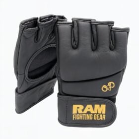 Mat zwarte lederen MMA handschoenen met goudkleurig logo