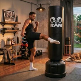 RAM O XL Bokspaal / Staande Bokszak - Zwart Man geeft een trap tegen een zwarte RAM O XL bokspaal in een thuisgym