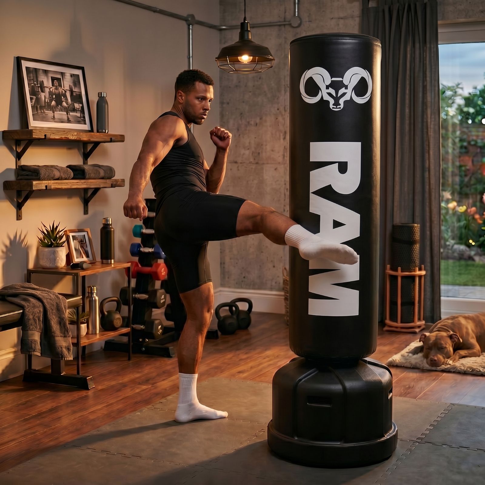 RAM O2 Bokspaal / Staande Bokszak - Zwart Man geeft een trap tegen een zwarte RAM O2 XL bokspaal in een thuisgym