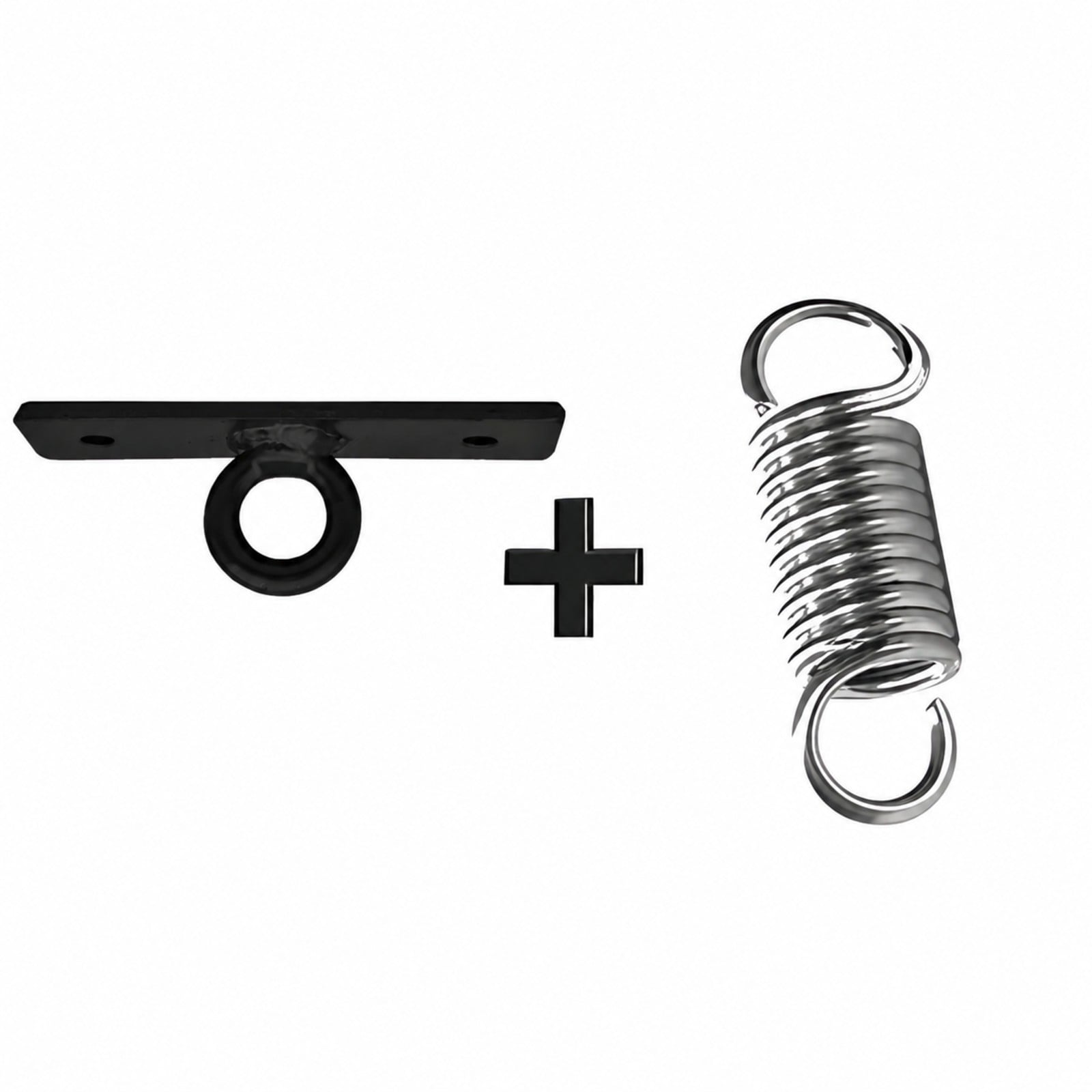 Victory Sports Plafondbeugel + Veer Combinatie Complete set bestaande uit een zwarte plafondbeugel met oogring en een verzinkte trekveer, afgebeeld op een witte achtergrond