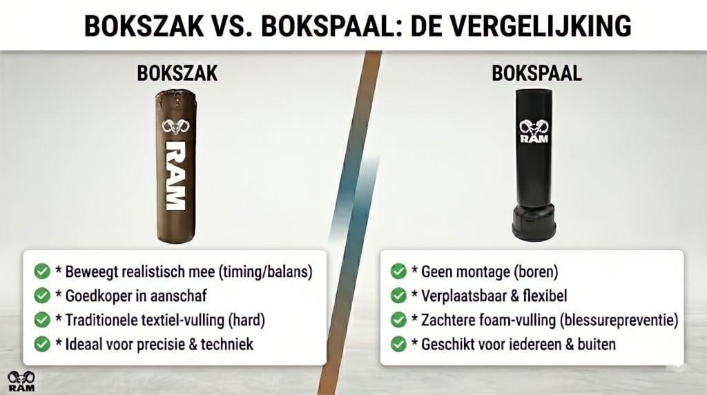 Bokspaal vs bokszak: Wat is de beste keuze voor thuis? Een blog over bokspalen en bokszakken, de verschillen en wat het beste is om thuis te gebruiken.