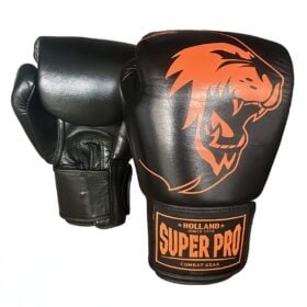 Kinderbokshandschoenen van Super Pro combat gear, de serie Nation Holland, zwart oranje.