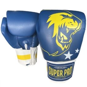 Kinder bokshandschoenen van Super Pro combat gear, de WK serie Nation Cuaracao blauw.