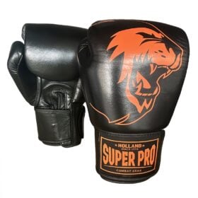 Leren bokshandschoenen van Super Pro combat gear, de serie Nation Holland, zwart oranje.