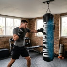 Een man met bokshandschoenen traint thuis in een home gym met de Super Pro water air punchbag